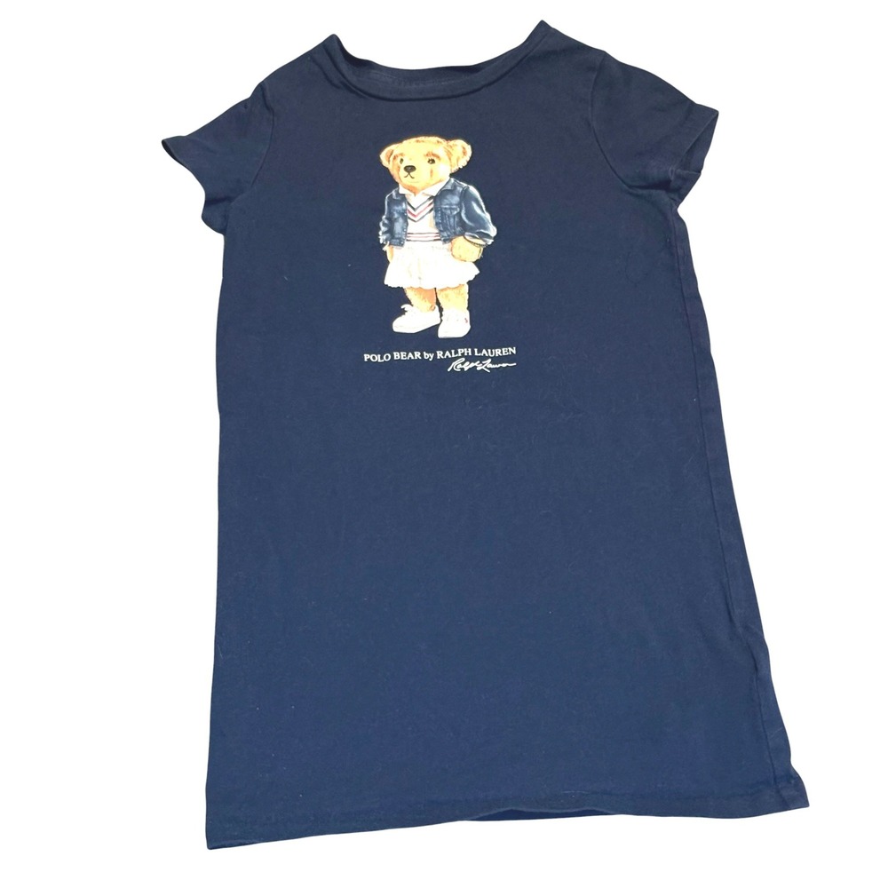 Polo Ralph Lauren Bear Dress Kids 4/4T Navy Blue Graphic Short Sleeve Cotton